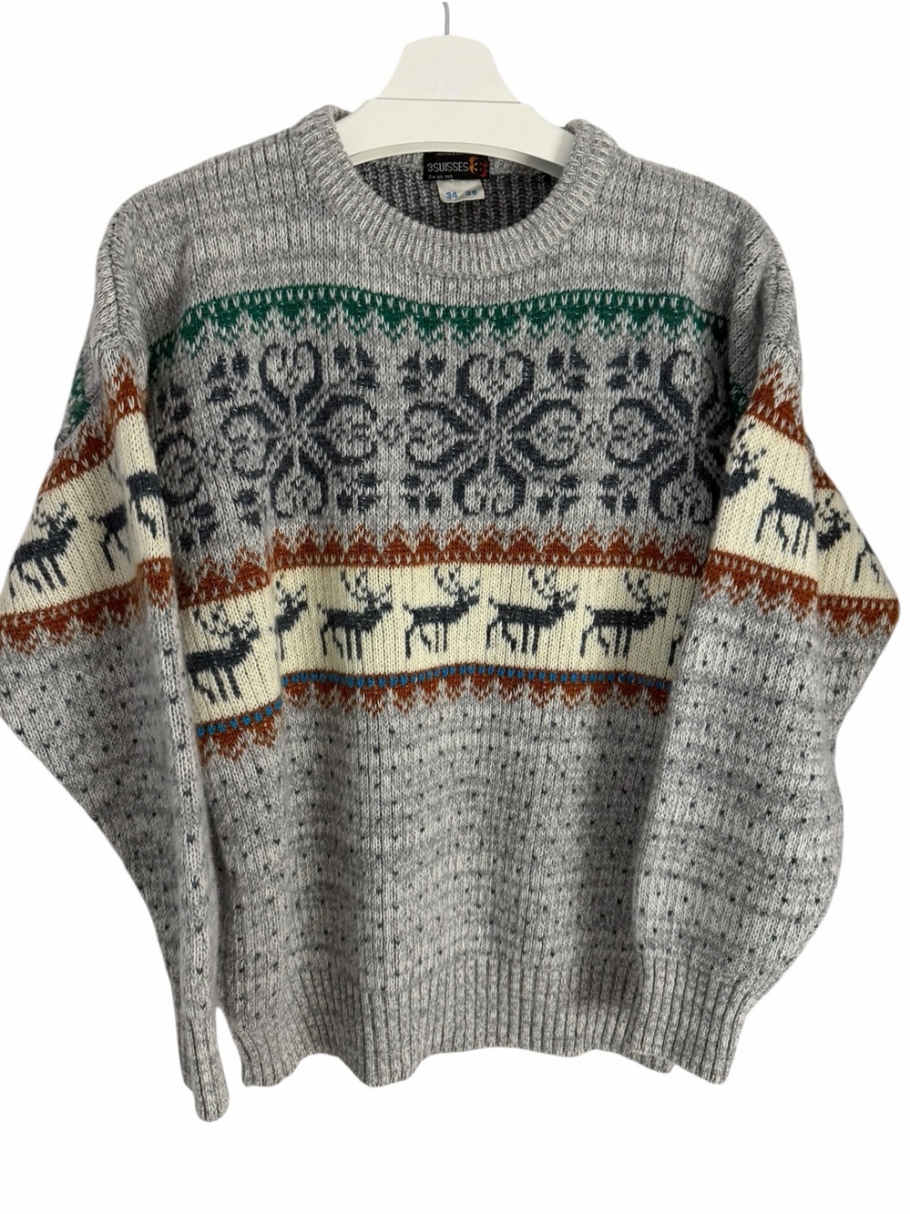 3 SUISSES Grey Vintage Fair Isle Reindeer Wool Sweater size L